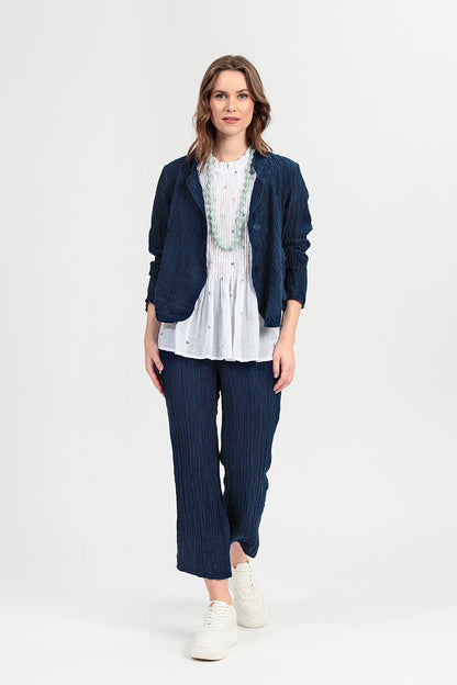 Flared Navy Crinkled Silk Trousers 7