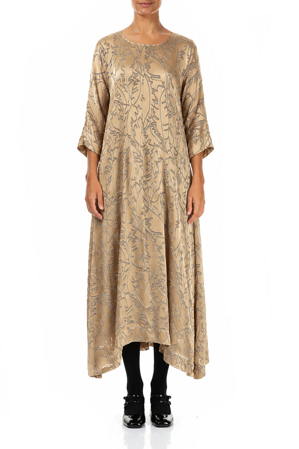 Flared Olive Devoré Feather Silk Dress
