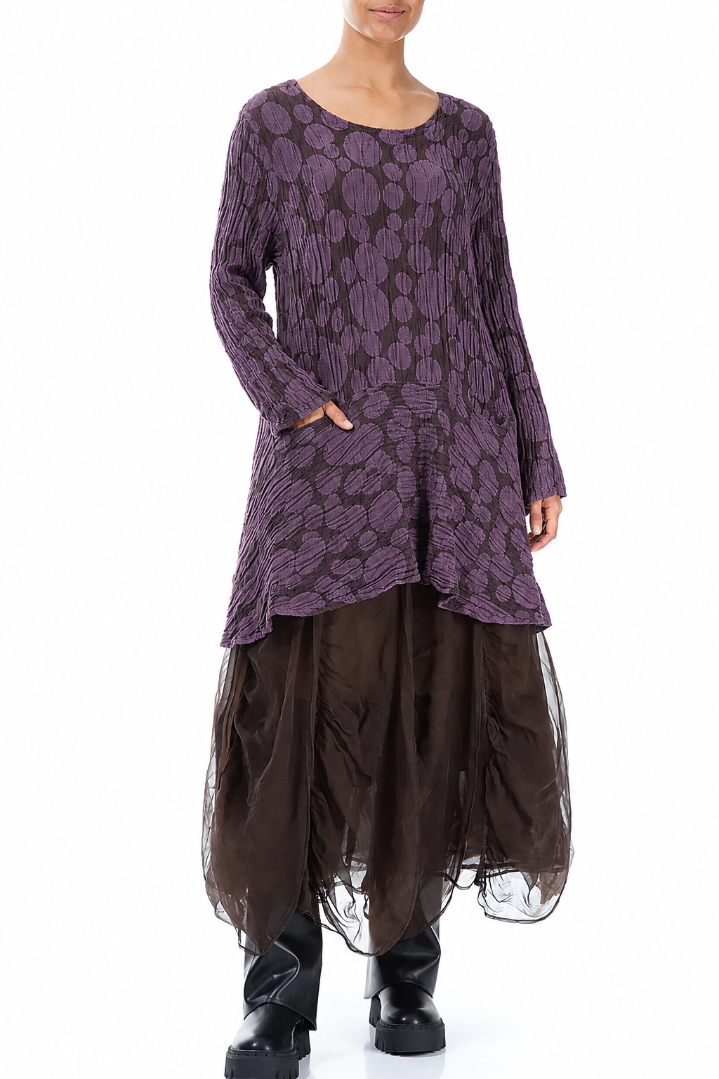 Flared Pockets Crinkled Deep Plum Circle Silk Linen Tunic