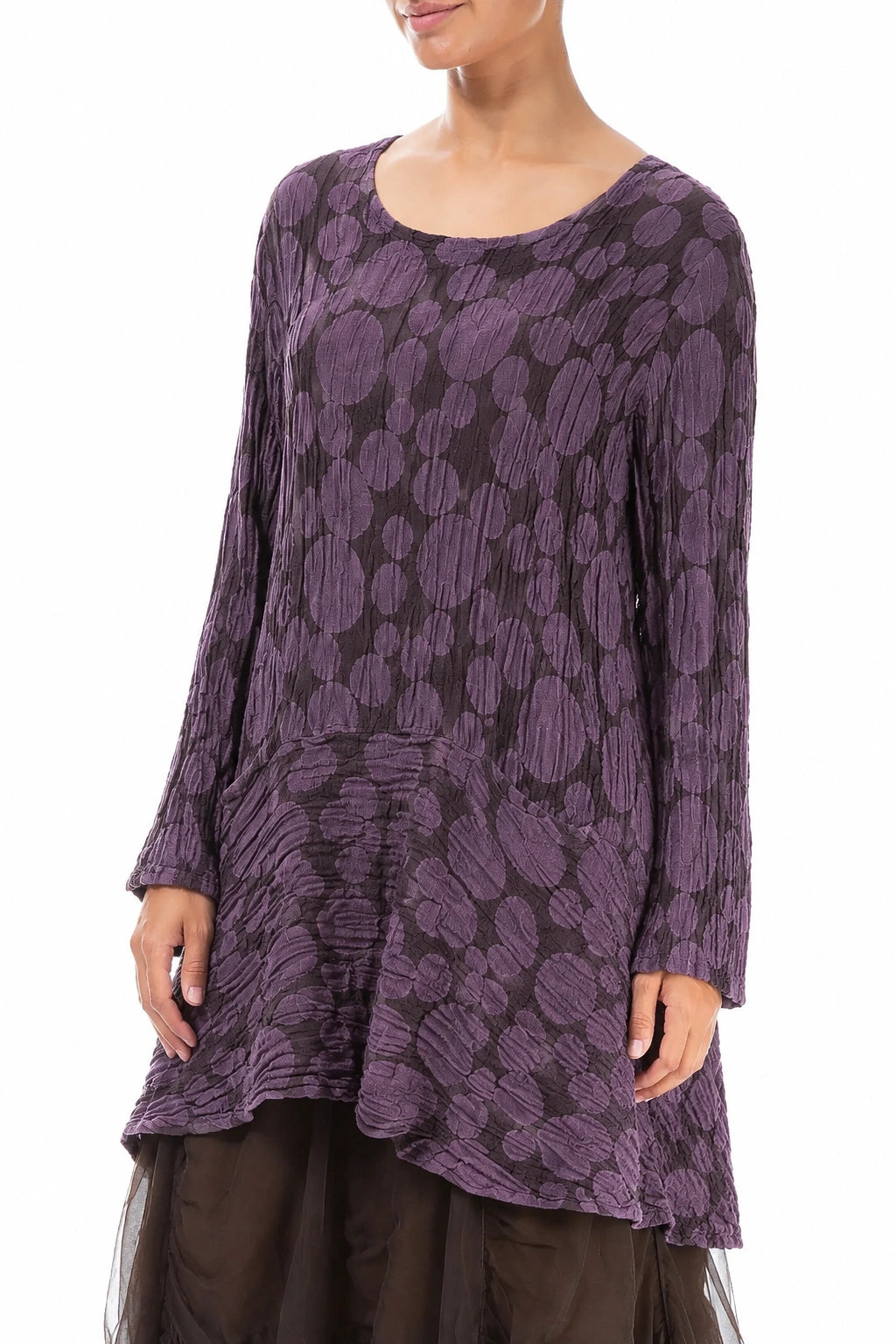 Flared Pockets Crinkled Deep Plum Circle Silk Linen Tunic