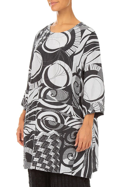 Flared Textured Pearl Grey Orbit Silk Linen Tunic