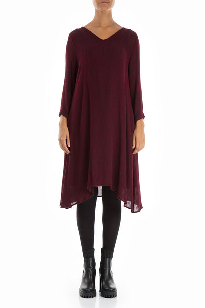 Flared V-Neck Wine Silk Dress 1