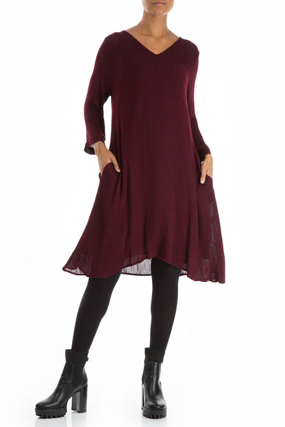 Flared V-Neck Wine Silk Dress 5