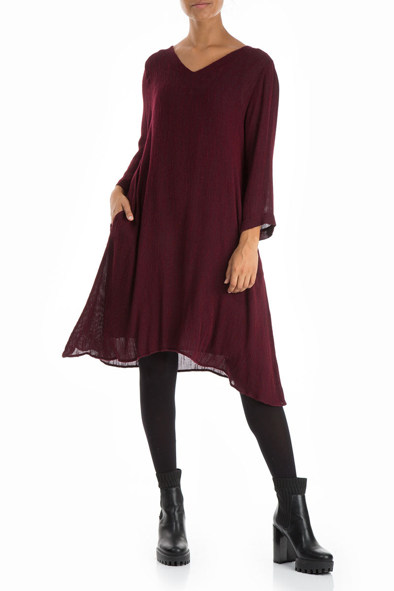 Flared V-Neck Wine Silk Dress 4