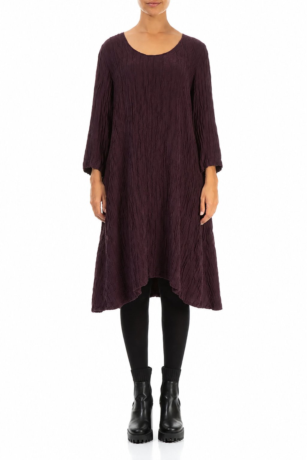 Floaty Deep Plum Crinkled Silk Linen Dress 1
