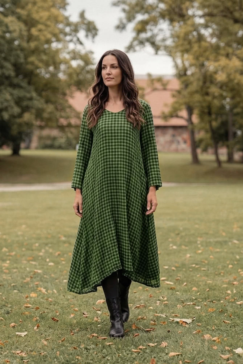 Floaty Shamrock Green Check Linen Midi Dress 1
