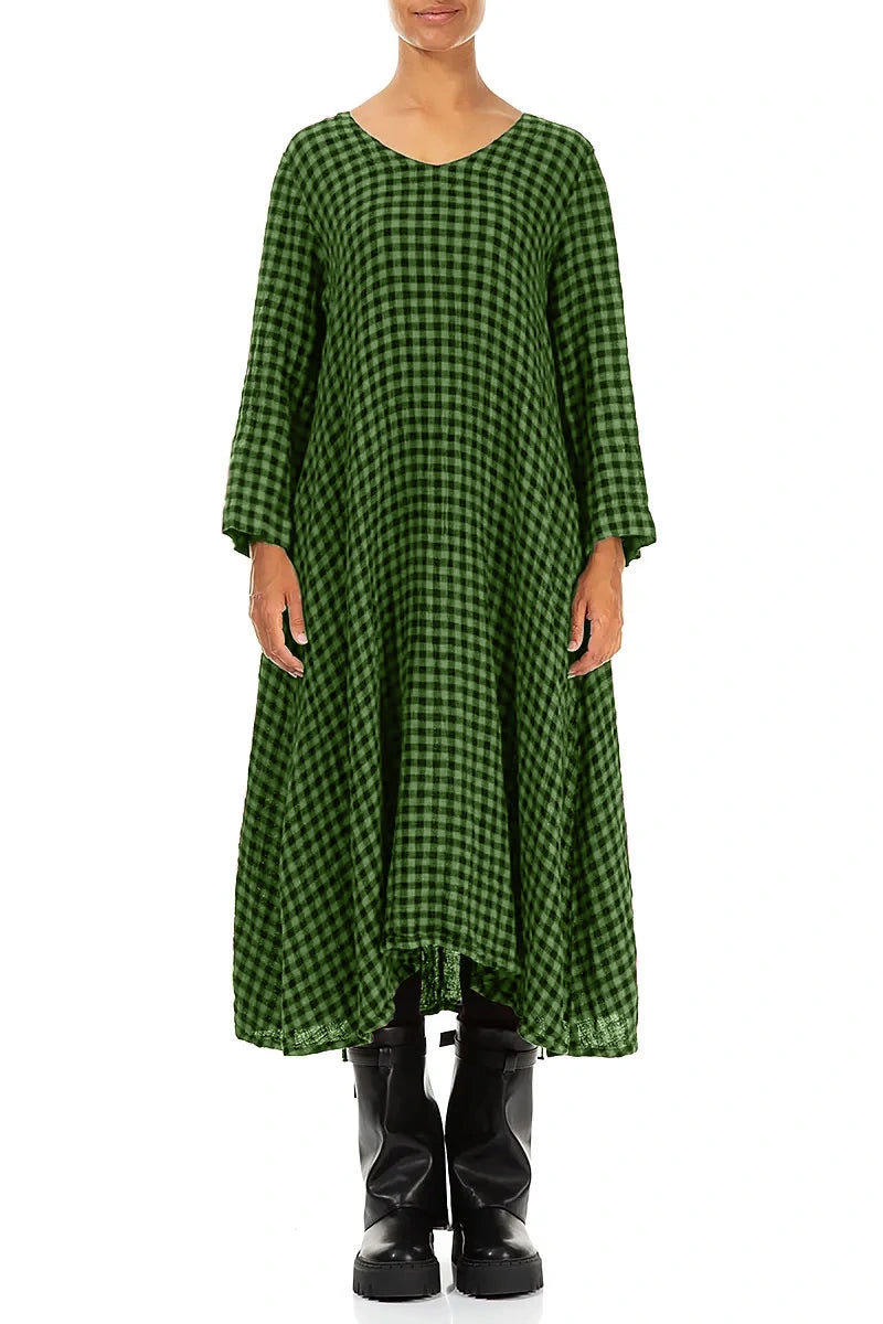 Floaty Shamrock Green Check Linen Midi Dress 2