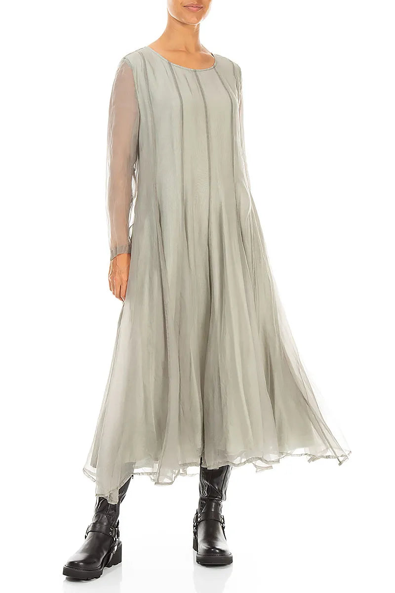 Flowing Olive Grey Silk Chiffon Dress