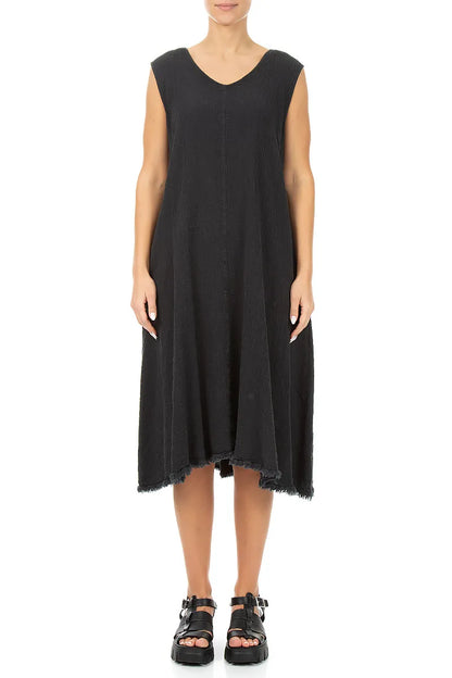 Frayed Hem Graphite Linen Viscose Dress 1