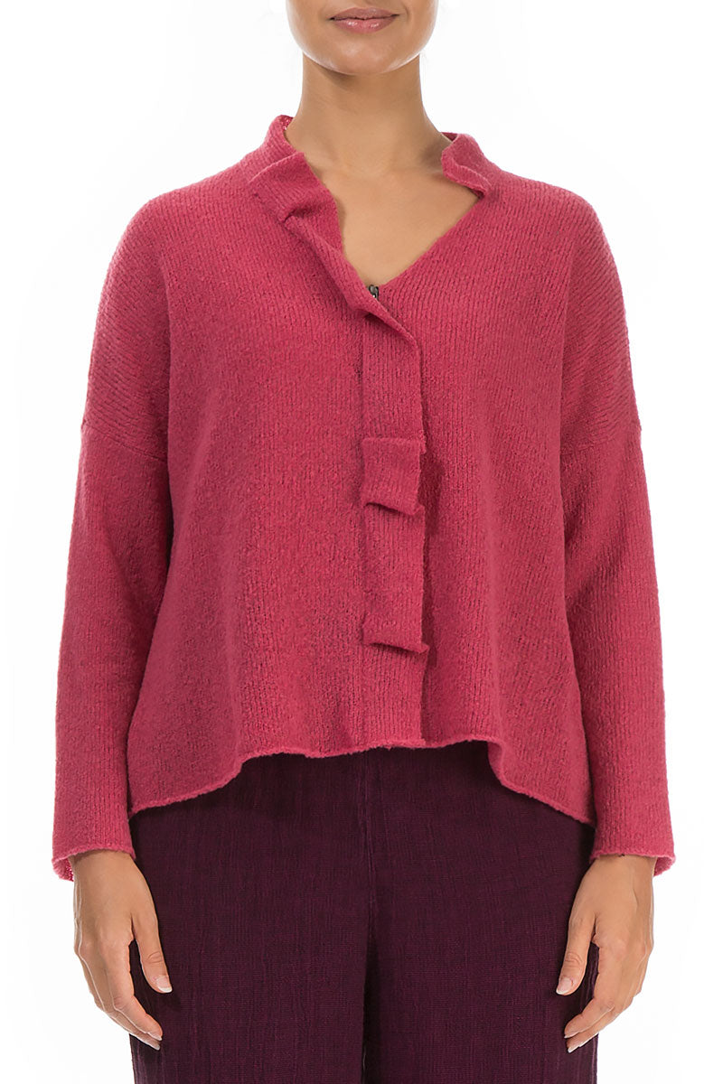 Frilled Neck Berry Rose Wool Cardigan