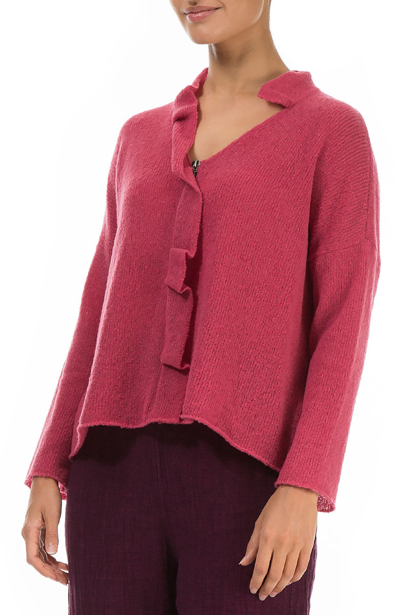 Frilled Neck Berry Rose Wool Cardigan