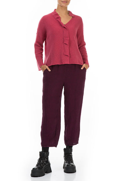 Frilled Neck Berry Rose Wool Cardigan