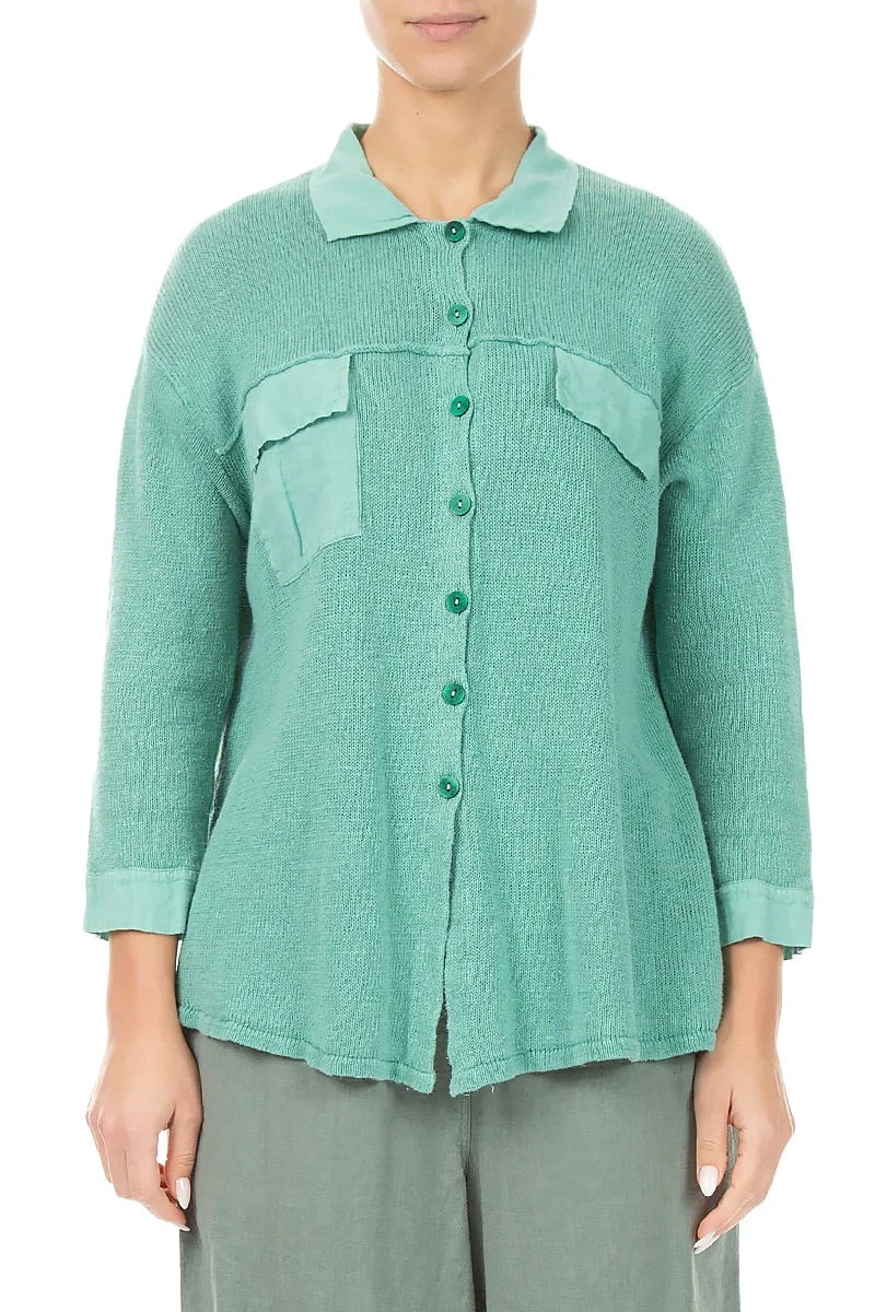 Front Pocket Mint Linen Cardigan 1