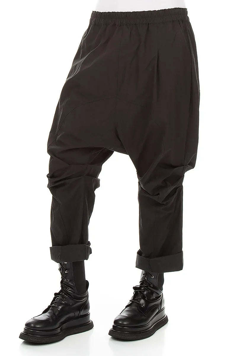 Gathered Knee Black Cotton Twill Trousers