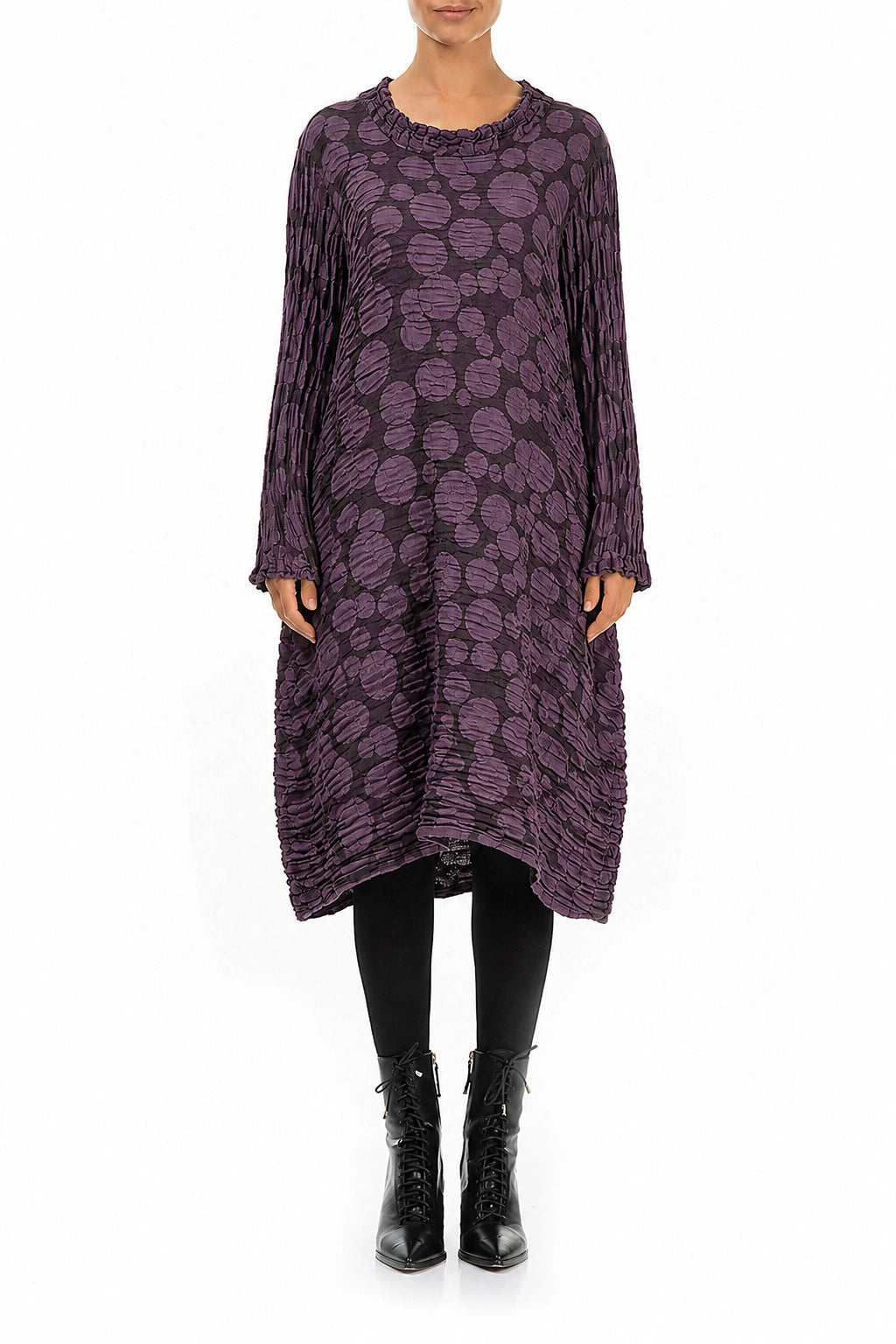 Gathered Neck Deep Plum Circle Silk Linen Dress 1