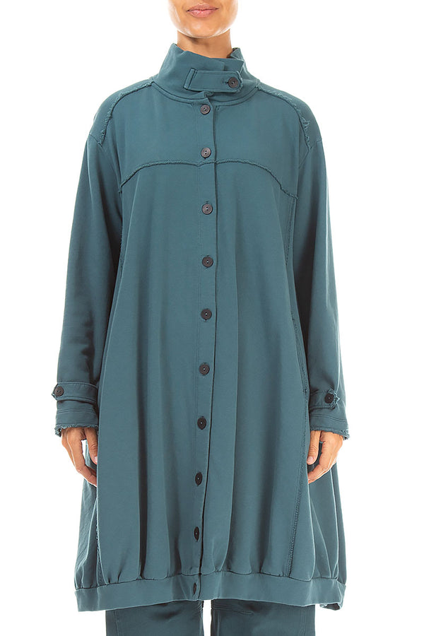 High Collar Deep Turquoise French Terry Cotton Jacket