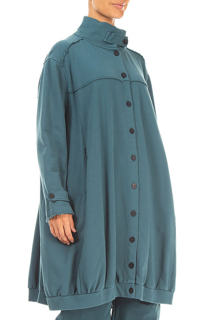 High Collar Deep Turquoise French Terry Cotton Jacket