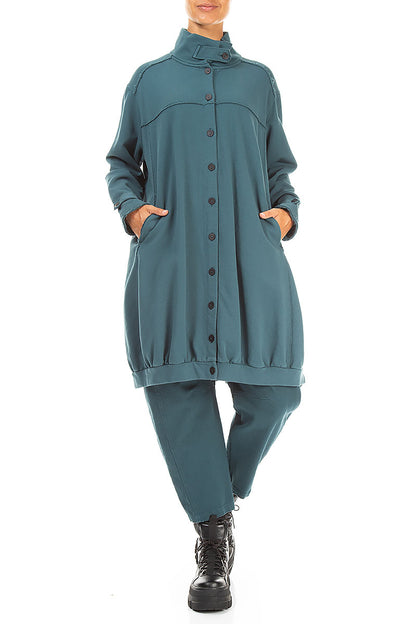 High Collar Deep Turquoise French Terry Cotton Jacket