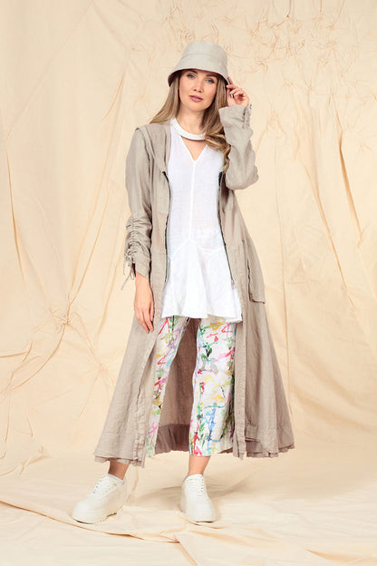 Hooded Gathered Sleeves Beige Linen Jacket 1