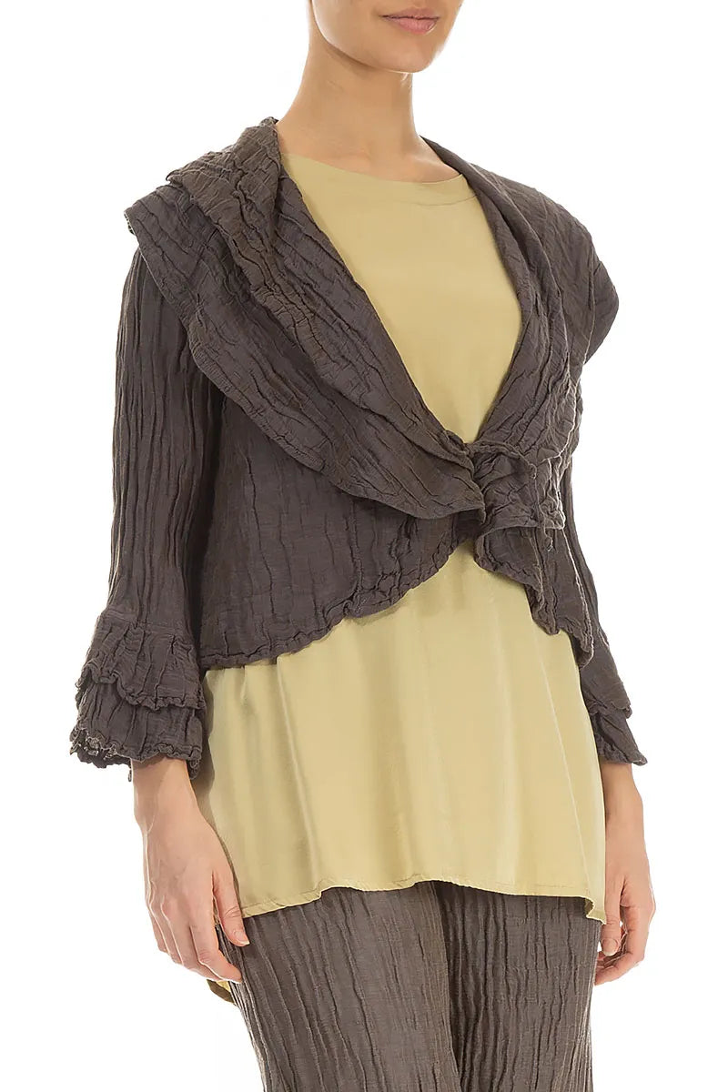 Layered Notched Collar Crinkled Dark Brown Silk Jacket