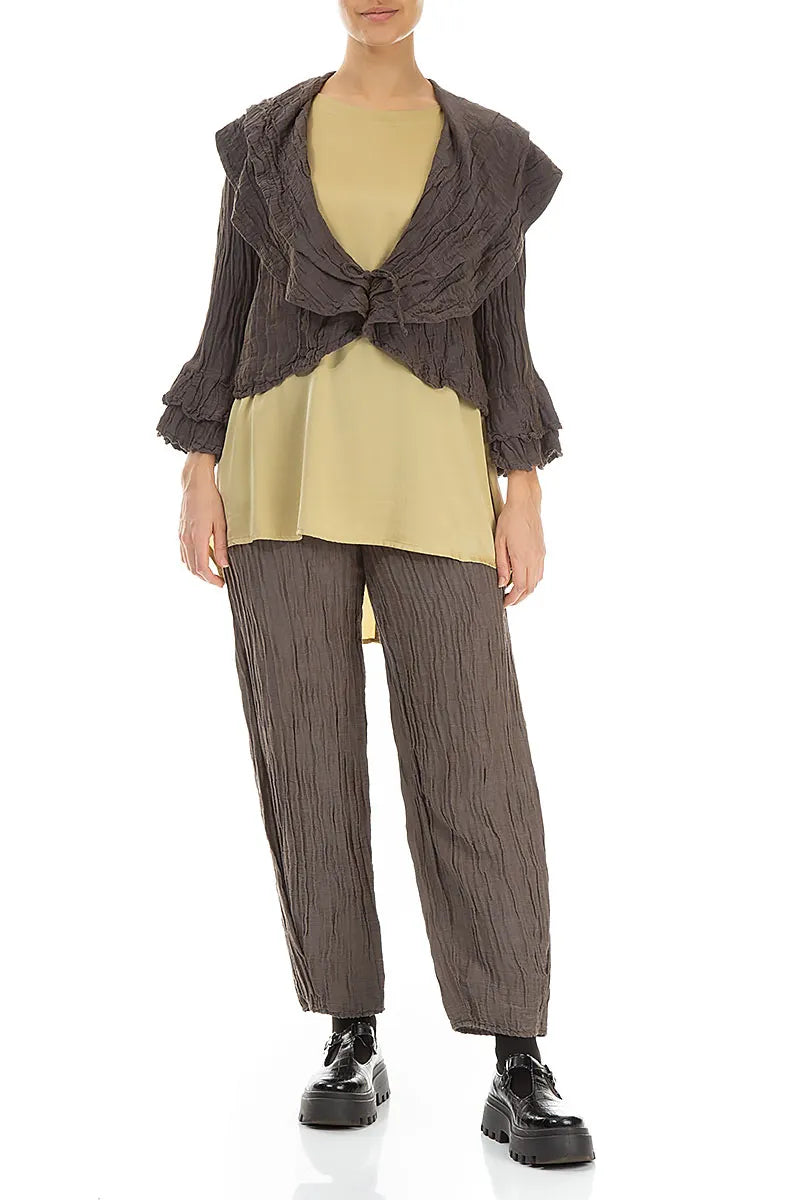 Layered Notched Collar Crinkled Dark Brown Silk Jacket