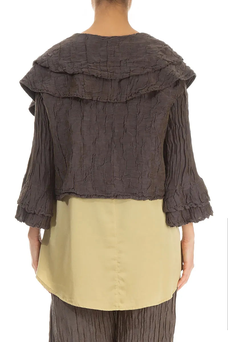 Layered Notched Collar Crinkled Dark Brown Silk Jacket