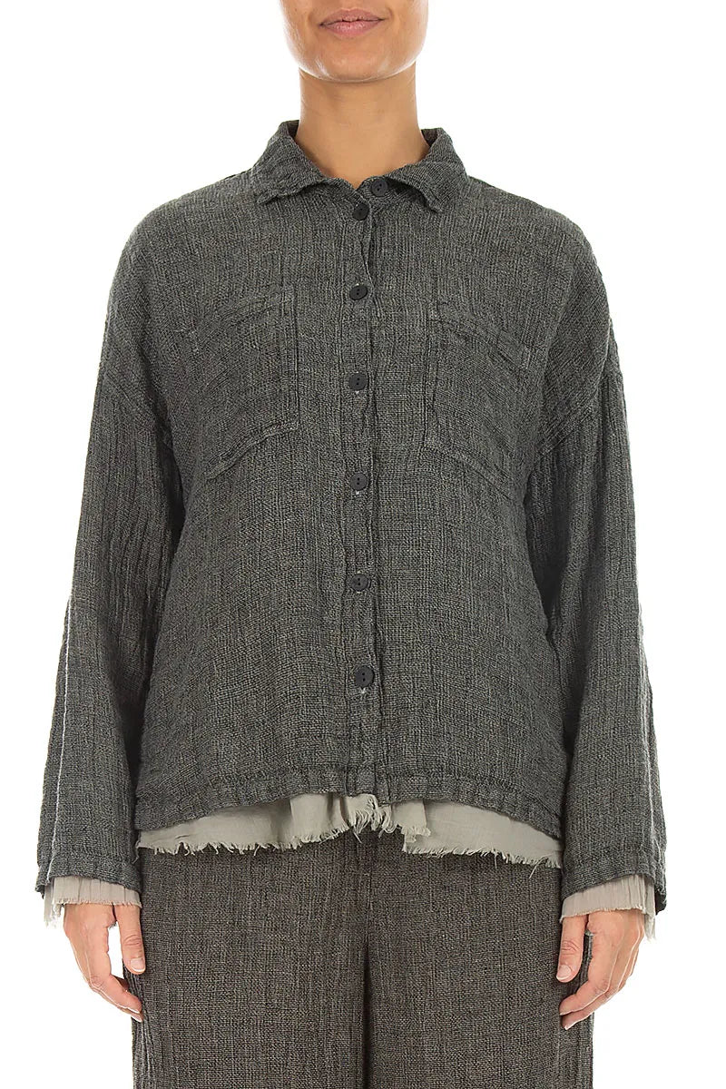 Layered Olive Grey Mélange Linen Shirt