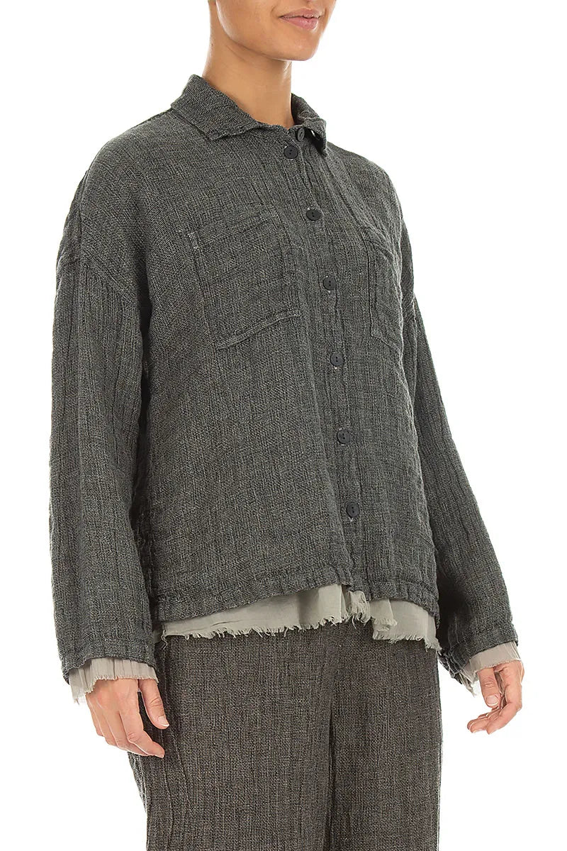 Layered Olive Grey Mélange Linen Shirt