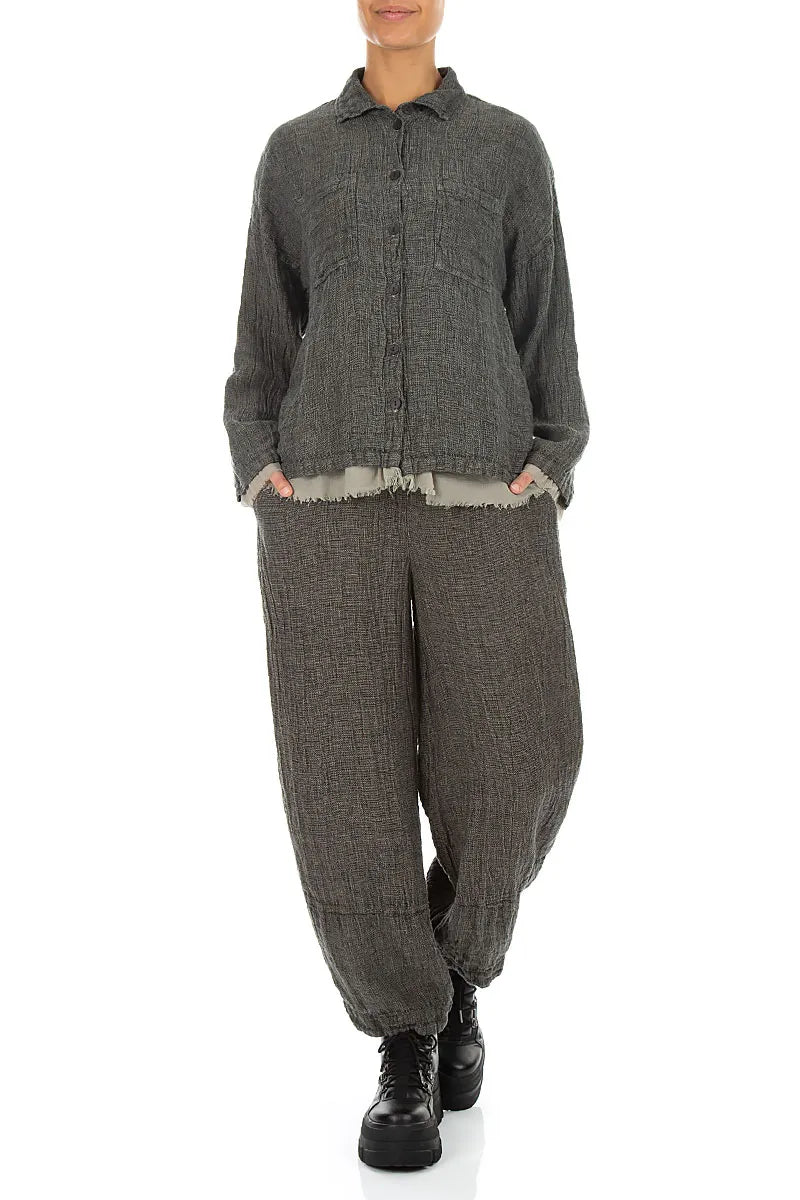 Layered Olive Grey Mélange Linen Shirt
