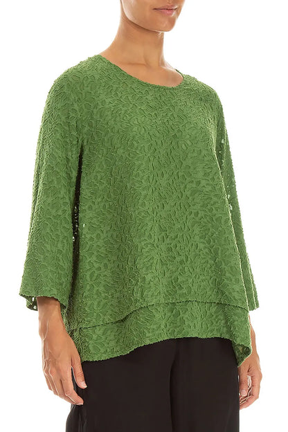 Layered Shamrock Green Floral Texture Silk Blouse 3