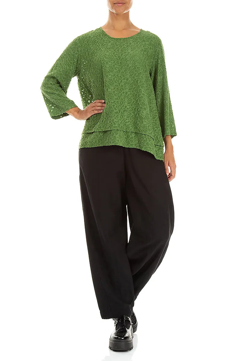 Layered Shamrock Green Floral Texture Silk Blouse 4