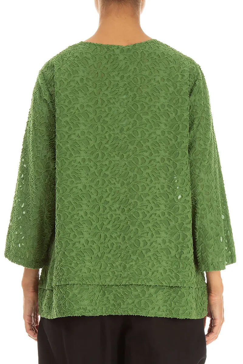 Layered Shamrock Green Floral Texture Silk Blouse 2