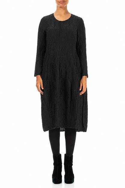 Long Sleeve Balloon Crinkled Black Silk Linen Dress 1
