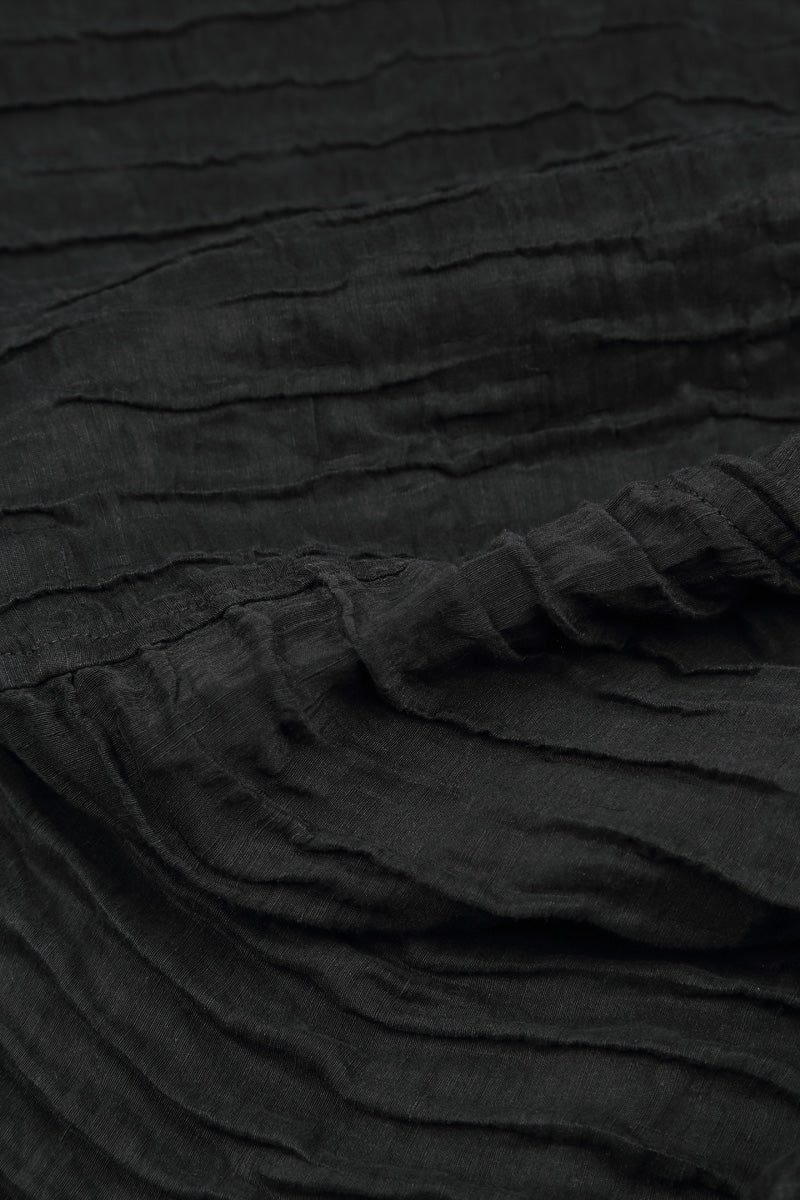 Long Sleeve Balloon Crinkled Black Silk Linen Dress 5
