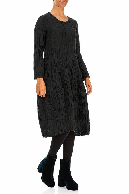 Long Sleeve Balloon Crinkled Black Silk Linen Dress 3