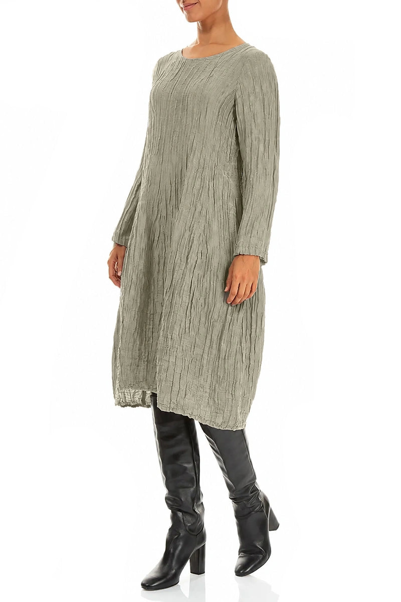 Long Sleeve Balloon Crinkled Olive Grey Silk Linen Dress 3