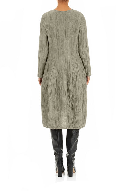 Long Sleeve Balloon Crinkled Olive Grey Silk Linen Dress 2
