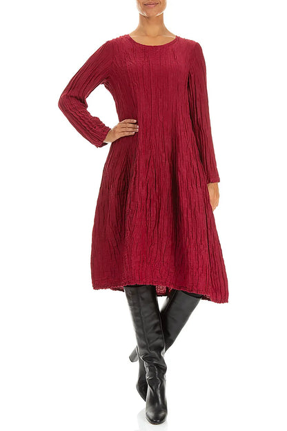 Long Sleeve Balloon Crinkled Ruby Silk Linen Dress 4