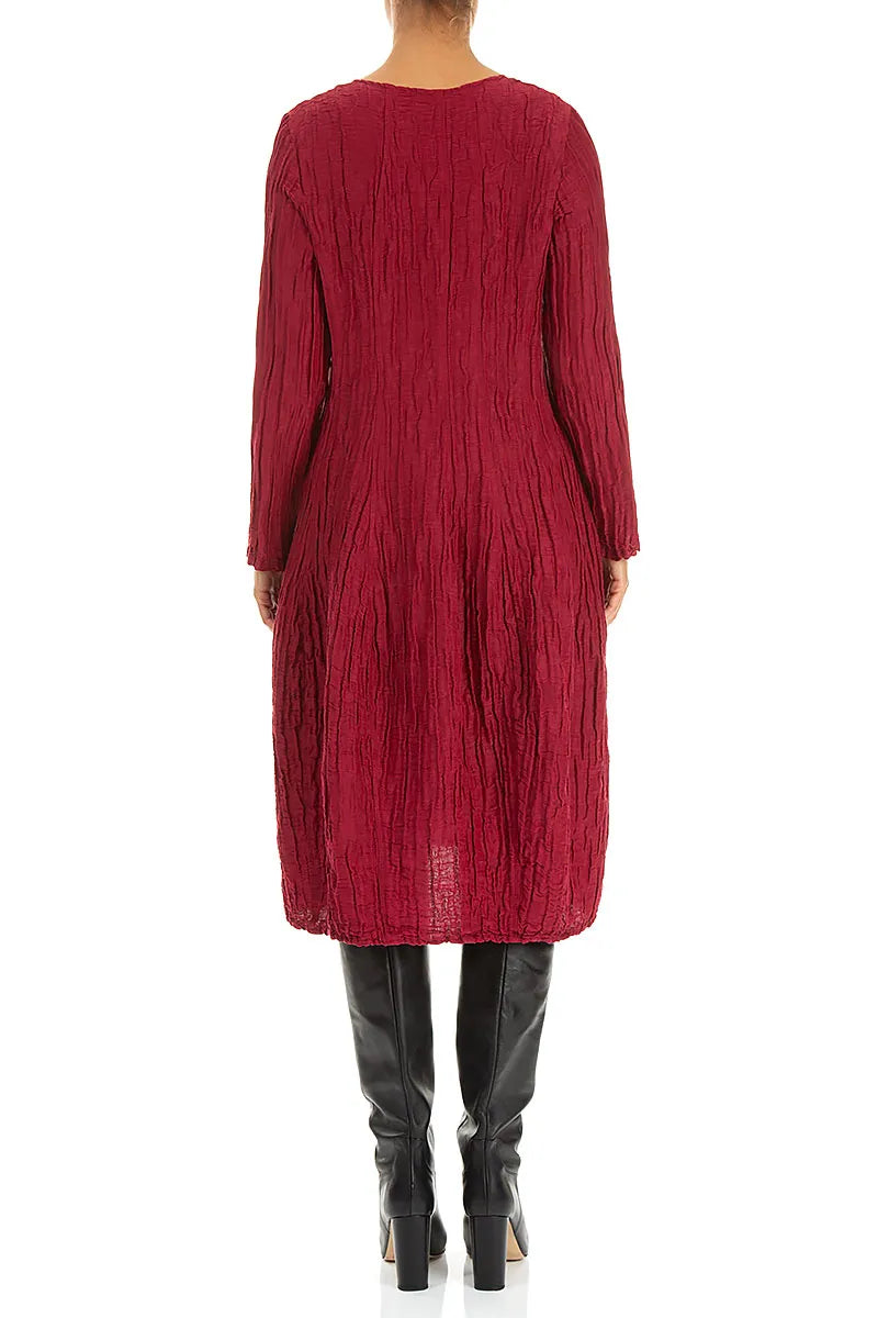 Long Sleeve Balloon Crinkled Ruby Silk Linen Dress 2