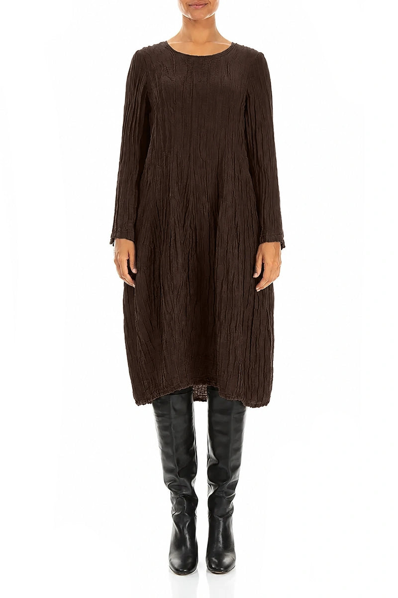 Long Sleeve Balloon Crinkled Truffle Brown Silk Linen Dress 1