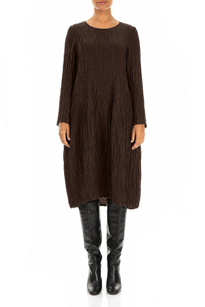 Long Sleeve Balloon Crinkled Truffle Brown Silk Linen Dress 1