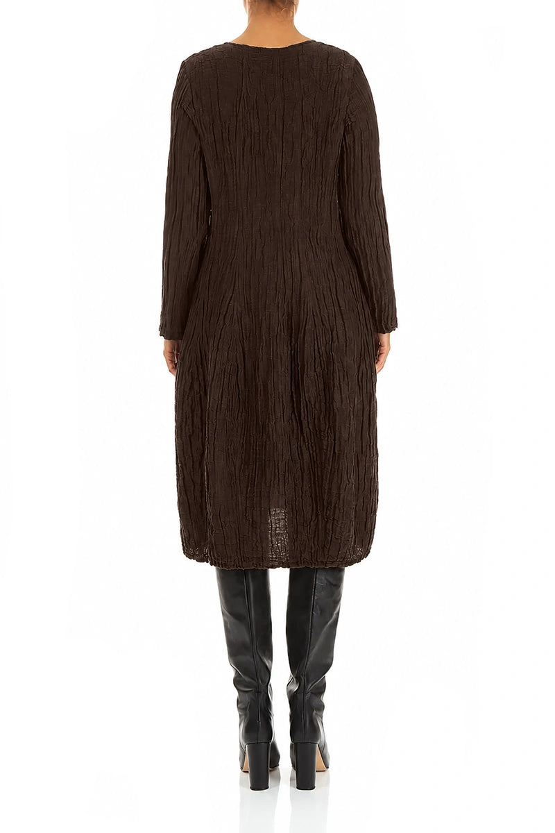 Long Sleeve Balloon Crinkled Truffle Brown Silk Linen Dress 2