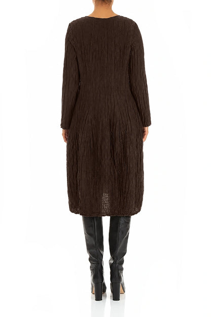 Long Sleeve Balloon Crinkled Truffle Brown Silk Linen Dress 2