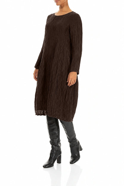 Long Sleeve Balloon Crinkled Truffle Brown Silk Linen Dress 3