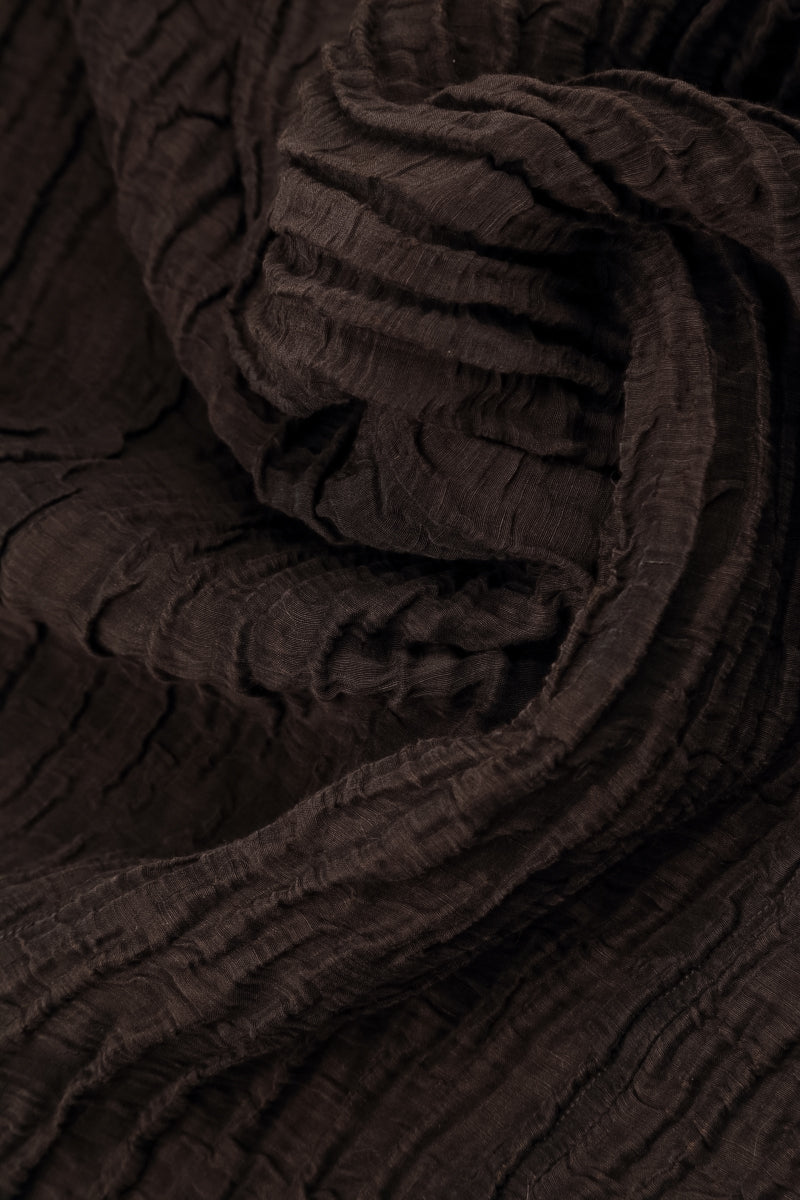 Long Sleeve Balloon Crinkled Truffle Brown Silk Linen Dress 5