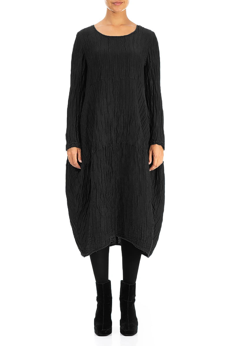 Long Sleeves Balloon Crinkled Black Silk Linen Dress