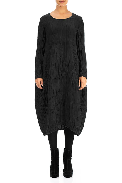 Long Sleeves Balloon Crinkled Black Silk Linen Dress