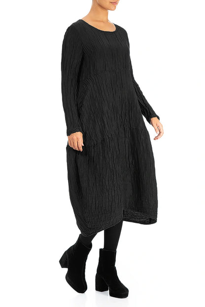 Long Sleeves Balloon Crinkled Black Silk Linen Dress