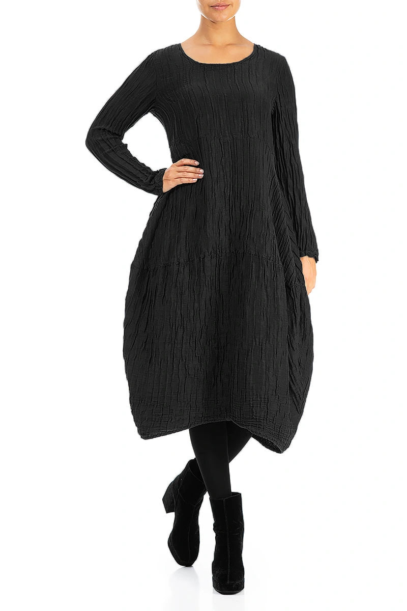 Long Sleeves Balloon Crinkled Black Silk Linen Dress