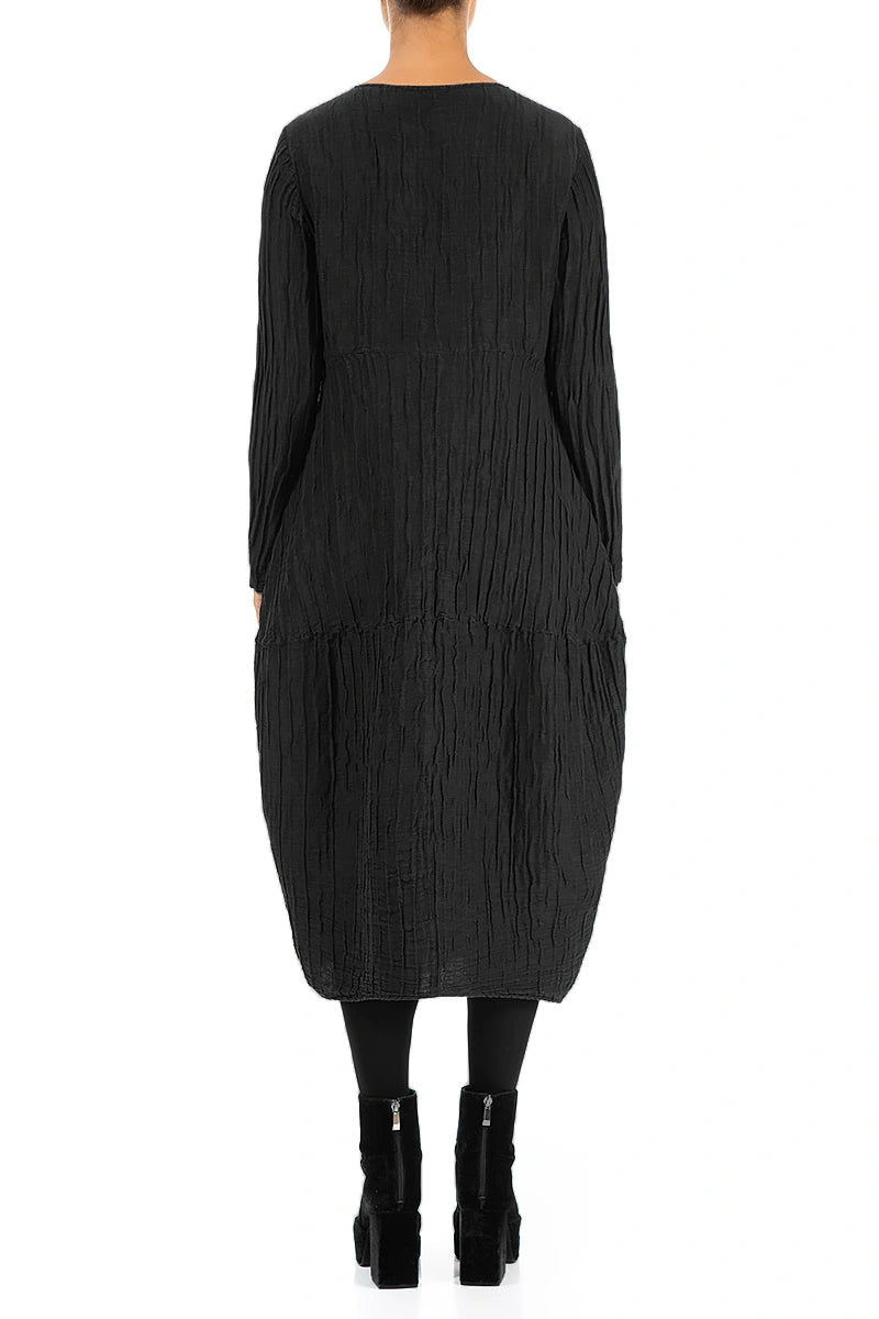 Long Sleeves Balloon Crinkled Black Silk Linen Dress